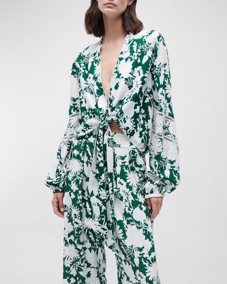 Anastasia Floral-Print Blouson-Sleeve Tied Crop Top