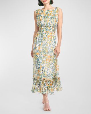Anastasia Pleated Floral-Print Bow-Back Dress