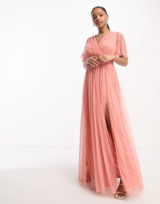 Anaya Bridesmaid flutter sleeve maxi dress in coral pink