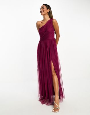 Anaya Bridesmaid tulle one shoulder maxi dress in berry-Red