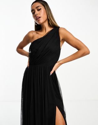 Anaya Bridesmaid tulle one shoulder maxi dress in black