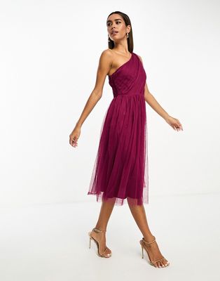 Anaya Bridesmaid tulle one shoulder midi dress in berry-Red