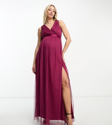 Anaya Maternity wrap front maxi tulle dress in red plum