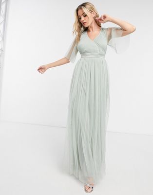 Anaya With Love Bridesmaid tulle flutter sleeve maxi dress in sage-Green