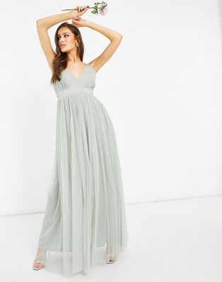 Anaya With Love Bridesmaid tulle plunge front maxi dress in sage-Green