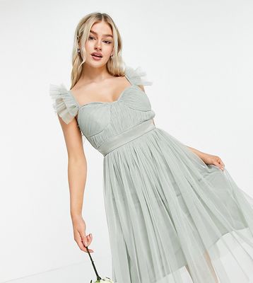 Anaya With Love Petite Bridesmaid tulle frill sleeve midi dress in sage-Green