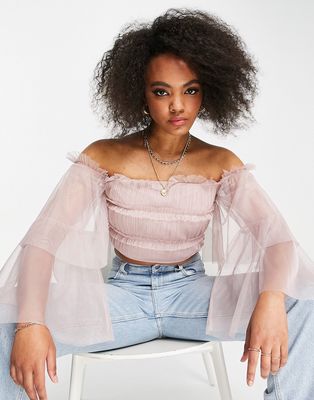Anaya With Love tiered sleeve bardot top in blush tulle-Pink