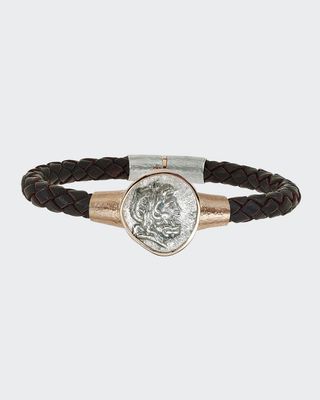 Ancient, Authentic Zeus Coin 18K Rose Gold Leather Bracelet With Sterling Silver Clasp