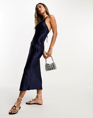 & & Other Stories one shoulder satin midi dress in navy