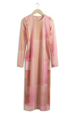 & Other Stories Abstract Print Long Sleeve Mesh Midi Dress in Pink Medium Dusty 