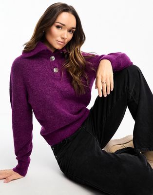& Other Stories alpaca wool sweater with wide button front collar in purple