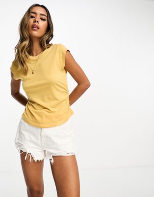 & Other Stories cap sleeve top with ruche detail in yellow-Orange