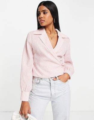 & Other Stories collared wrap blouse in pink check print