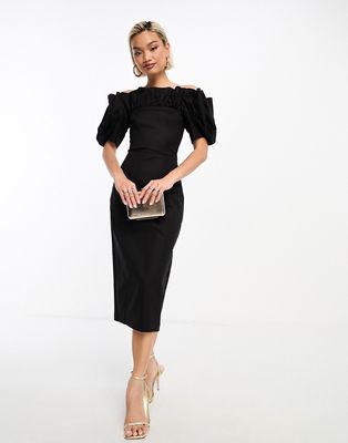 & Other Stories corseted stretch midi dress with ruffle and volume sleeves in black