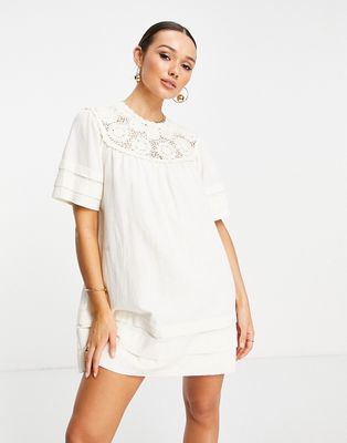 & Other Stories cotton crochet and pleat detail mini dress in off white