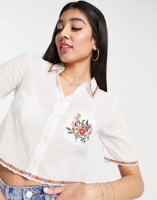 & Other Stories cotton cropped blouse with embroidery in off-white - WHITE