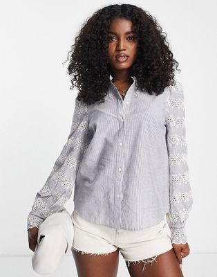 & Other Stories cotton embroidered blouse in blue stripe - LBLUE