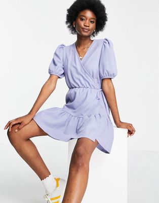& Other Stories cotton jersey wrap tiered mini dress in dusty blue-Blues