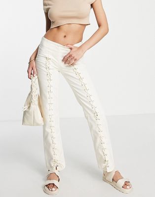 & Other Stories cotton lace up detail straight leg jeans in off white - WHITE