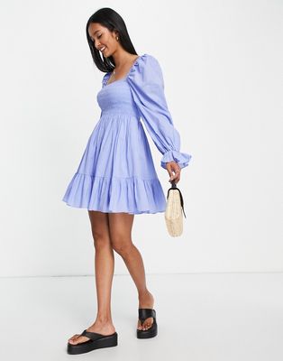 & Other Stories cotton long sleeve mini dress with ruched front and balloon sleeves in blue - MBLUE