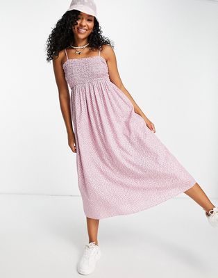 & Other Stories cotton shirred midi dress in pink floral - PINK