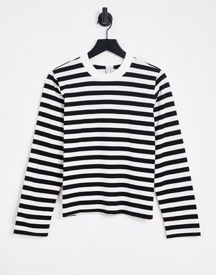 & Other Stories cotton stripe long sleeve top in white and black - BLACK