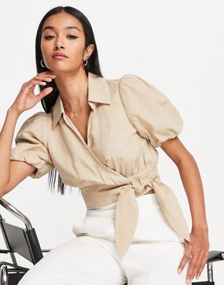 & Other Stories crop blouse with puff sleeves and tie side in beige linen-Neutral