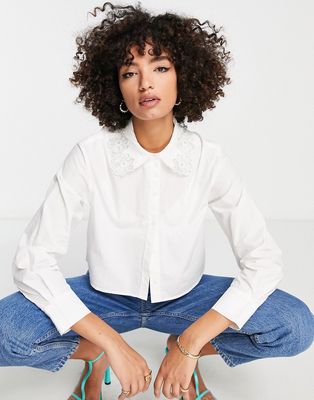 & Other Stories cropped shirt with embroidered and beaded collar in white