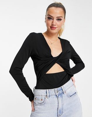 & Other Stories cut-out long sleeve jersey top in black-Multi