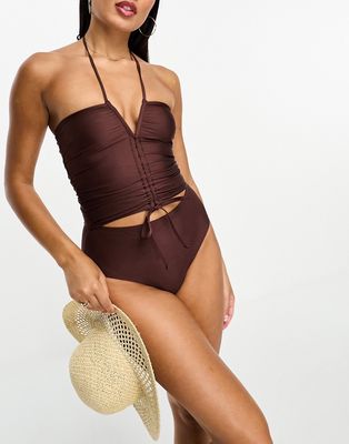 & Other Stories cut-out ruched halter swimsuit in brown