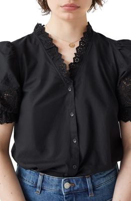 & Other Stories Embroidered Ruffle Cotton Button-Up Blouse in Black