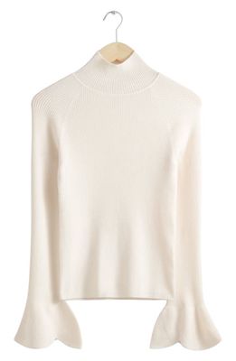 & Other Stories Flare Cuff Wool Blend Rib Turtleneck Sweater in White Dusty Light
