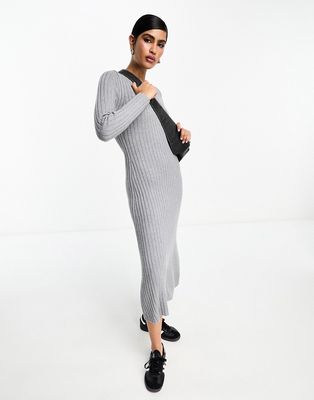 & Other Stories flared ribbed knitted midi dress in gray
