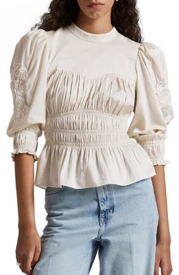 & Other Stories Floral Embroidered Puff Sleeve Cotton Top in Offwhite With Embroidery