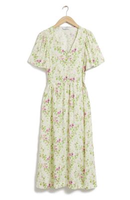 & Other Stories Floral Flutter Sleeve Dress in White Multi Floral