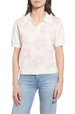 & Other Stories Floral Jacquard Polo in Offwhite W. Large Pink Flowers