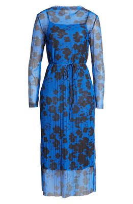 & Other Stories Floral Long Sleeve Mesh Midi Dress in Blue/Black Floral Aop