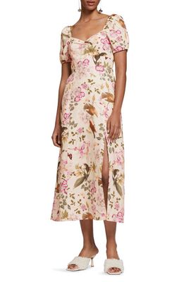 & Other Stories Floral Print Puff Sleeve Linen Midi Dress in Flower And Bird Aop