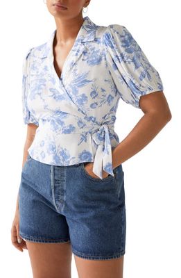 & Other Stories Floral Print Wrap Top in White W. Blue Toile Aop