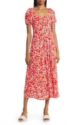 & Other Stories Floral Puff Sleeve Midi Dress in Red W. White Flower Kass Aop