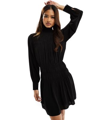 & Other Stories frill high neck long sleeve dress with puff sleeves in black