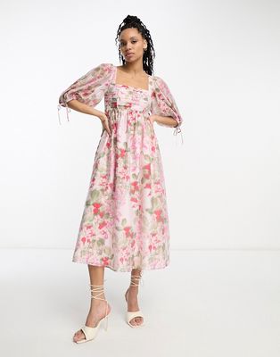 & Other Stories gathered volume midi dress in pink-Black
