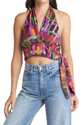 & Other Stories Halter Neck Satin Crop Blouse in Multi Abstract Aop