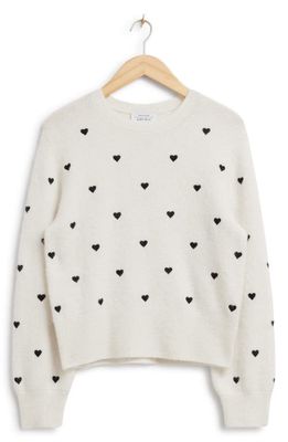 & Other Stories Heart Embroidered Wool & Alpaca Blend Crewneck Sweater in Offwhite/black Hearts