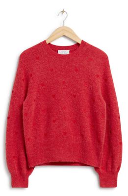 & Other Stories Heart Embroidered Wool & Alpaca Blend Crewneck Sweater in Red W. Red Hearts