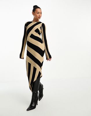 & Other Stories knitted asymmetric midi dress in beige and black stripe-Neutral