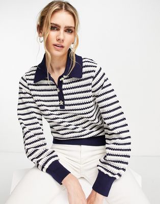 & Other Stories knitted sweater with embellished buttons in stripe print-Blue