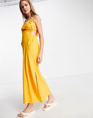 & Other Stories linen blend maxi dress with ruching and side cut-out in yellow-Orange