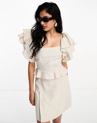 & Other Stories linen frill sleeve top in beige - part of a set-Neutral
