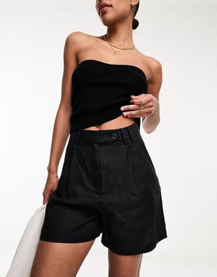 & Other Stories linen high rise belted shorts in black
